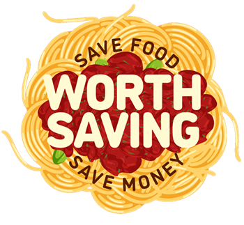 Logo with text 'save food WORTH SAVING save money' around a bowl of spaghetti.